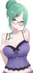  1girl absurdres armpit_crease asymmetrical_sidelocks babydoll bare_shoulders black_ribbon breasts cleavage collarbone commentary_request glasses green_hair hair_bun hair_ornament hairclip highres konta_desu large_breasts looking_at_viewer midriff_peek mole mole_on_breast partial_commentary purple_babydoll purple_eyes ribbon shogi_piece sidelocks simple_background solo spaghetti_strap upper_body virtual_youtuber vspo! white_background yakumo_beni 
