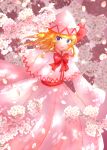  1girl absurdres blonde_hair blue_eyes bow capelet cherry_blossoms cherry_tree commentary_request day dress fairy falling_petals flower hair_bow hakase_(chitama_shinryaku) hat highres lily_white long_hair long_sleeves looking_at_viewer outdoors petals red_bow red_ribbon ribbon smile solo touhou white_capelet white_dress white_hat wide_sleeves 