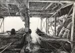  boat commentary_request crosshatching dock engine greyscale hatching_(texture) highres ibsukionsen monochrome motor_boat no_humans original rafters rope scenery traditional_media water watercraft wooden_beam 
