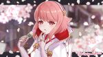  1girl artist_name cherry_blossoms cloak collared_cloak commentary_request dango falling_petals fire_emblem fire_emblem_fates food food_on_face hairband hands_up holding holding_food japanese_clothes kotoriya_kuguri looking_at_viewer open_mouth petals pink_hair red_eyes sakura_(fire_emblem) solo two-sided_cloak two-sided_fabric wagashi white_cloak white_hairband 