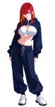  1girl absurdres akane_lize arms_at_sides black_socks blonde_streaks blue_pants blue_shrug bra breasts cleavage closed_mouth commentary_request contrapposto diagonal_bangs drawstring expressionless full_body grey_eyes highres hood hood_down hooded_shrug korean_commentary large_breasts long_hair long_sleeves looking_at_viewer mole mole_under_eye multicolored_hair navel pants parted_bangs pha0273 red_hair red_pupils shoes shrug_(clothing) sidelighting simple_background slit_pupils sneakers socks solo standing stellive stomach straight_hair streaked_hair sweatpants tied_drawstring underwear virtual_youtuber white_background white_bra white_shoes 