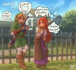  1boy 1girl absurdres aged_up animal belt blonde_hair blue_eyes blush boots breasts commentary dog english_commentary english_text fairy farm green_hat green_tunic hat heart highres holding holding_instrument holding_ocarina instrument jonathan_p.t._arts link long_hair long_skirt malon master_sword medium_breasts navi neckerchief ocarina open_mouth orange_hair outdoors pointy_ears purple_skirt scabbard sheath sheathed skirt smile speech_bubble sword terrier_(dog) the_legend_of_zelda the_legend_of_zelda:_ocarina_of_time thinking thought_bubble triforce tunic weapon 