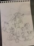  claws closed_eyes closed_mouth commentary english_commentary evolutionary_line fighting_stance hakamo-o headbutt high_kick highres jangmo-o kicking kommo-o lying mofinngram open_mouth outstretched_arms pokemon pokemon_(creature) pokemon_focus scales sleeping smile spread_arms standing standing_on_one_leg traditional_media unfinished 