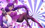  1girl :d animal_ears bead_bracelet beads blue_eyes bracelet braid braided_twintails breasts card cha_cha_(vtuber) cleavage commentary cup curvy dark-skinned_female dark_skin earrings english_commentary fake_animal_ears gamer_supps gem heart heart_earrings high_heels highres holding holding_cup indie_virtual_youtuber jewelry large_breasts legs leotard long_hair mature_female mole mole_on_breast mole_under_mouth open_mouth pantyhose playing_card purple_hair purple_leotard purple_wrist_cuffs rabbit_ears roisin smile solo thighs very_long_braid very_long_hair virtual_youtuber wrist_cuffs 