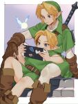  2boys blonde_hair blue_eyes boots border closed_mouth commentary_request curtained_hair dual_persona earrings expressionless fairy front-to-back gauntlets green_hat green_tunic hat highres ivy_(sena0119) jewelry leather leather_boots link male_focus master_sword multiple_boys navi nintendo_switch_2 outside_border pants phrygian_cap playing_games playing_video_games pointy_ears sitting sitting_between_legs sticker sword sword_on_back the_legend_of_zelda the_legend_of_zelda:_ocarina_of_time tunic weapon weapon_on_back white_border white_pants young_link 