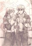  2boys absurdres alternate_costume cup draw_zero facial_mark fingerless_gloves fire_emblem fire_emblem:_path_of_radiance fire_emblem:_three_houses forehead_mark garreg_mach_monastery_uniform gloves headband highres holding holding_cup ike_(fire_emblem) long_hair male_focus mug multiple_boys sheath sheathed short_hair soren_(fire_emblem) 