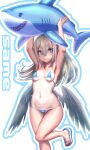  1girl absurdres armpits arms_up bikini black_wings blue_bikini breasts commentary_request dark_feather_alma emil_chronicle_online flip-flops highres holding holding_toy inflatable_dolphin inflatable_toy long_hair low_wings micro_bikini navel purple_eyes sandals serizawa_(knight2020) small_breasts smile solo standing standing_on_one_leg swimsuit toy white_background white_hair wings 