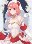  1girl armpits artist_name bare_shoulders breasts bridal_gauntlets bridal_veil bride cleavage collarbone collared_halterneck commentary_request dress fire_emblem fire_emblem_engage fire_emblem_heroes flower gold_choker gold_trim hairband highres kotoriya_kuguri lapis_(fire_emblem) lapis_(mighty_bride)_(fire_emblem) looking_at_viewer medium_breasts official_alternate_costume pink_hair red_eyes red_flower red_rose rose solo veil wedding_dress white_bridal_gauntlets white_dress white_hairband 
