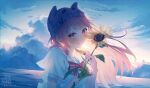  1girl absurdres artist_name backlighting beanie blue_sky blush bow cloud commentary_request dated dawn fingernails floating_hair flower flower_in_eye flower_to_mouth from_side hanaru_(vtuber) hands_up hat head_tilt highres holding holding_flower horizon indie_virtual_youtuber light_particles long_fingernails long_hair looking_at_viewer looking_to_the_side morning ocean open_mouth outdoors pink_eyes pink_hair purple_hat red_bow ryane_(yry_0) sailor_collar shirt short_sleeves sideways_glance signature sky smile solo striped_bow sunflower symbol_in_eye tearing_up twitter_username upper_body virtual_youtuber white_sailor_collar white_shirt yellow_flower 