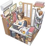  air_conditioner basket bookshelf brown_eyes brown_hair cat chair clock clothes_hanger computer controller cup food glasses green-framed_eyewear hair_ornament hairclip indoors itou_(mogura) jacket laptop mirror mouse_(computer) mousepad_(object) mug original pocky remote_control room shelf simple_background solo strap_slip striped_tank_top table television trash_can vaio white_background 
