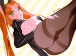  1girl alternate_costume alternate_hairstyle animal_ears ass black_pantyhose black_shrug body_freckles breast_freckles breasts character_name commentary fake_animal_ears freckles frontless_outfit green_eyes heart_pasties highres ishmael_(project_moon) korean_commentary large_breasts limbus_company looking_at_viewer mole mole_on_breast orange_hair pantyhose pasties project_moon rabbit_ears revealing_clothes reverse_bunnysuit reverse_outfit shrug_(clothing) simple_background sitting solo thighband_pantyhose torn_clothes torn_pantyhose twintails yellow_background yongsadragon 