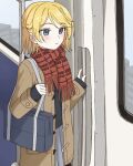  1girl alternate_costume black_pantyhose black_sweater blonde_hair blue_eyes blush coat cowboy_shot double-parted_bangs grey_coat grey_skirt hair_between_eyes kagamine_rin kaneko_2019 medium_hair open_clothes open_coat pantyhose pleated_skirt red_scarf scarf sidelocks skirt solo standing sweater train_interior vocaloid wavy_hair window winter_clothes 