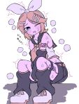  1girl arms_between_legs bare_shoulders belt black_sailor_collar black_shorts black_sleeves blonde_hair blue_eyes bow breasts commentary_request detached_sleeves drooling fumomono hair_bow hair_ornament hairclip headphones highres kagamine_rin leg_warmers looking_to_the_side number_tattoo one_eye_closed open_mouth parallel_hairclips remote_control_vibrator sailor_collar sex_toy shirt short_hair shorts simple_background sitting sleeveless sleeveless_shirt small_breasts steaming_body sweat tattoo tears trembling vibrator vibrator_in_thigh_strap vocaloid white_background white_bow white_shirt yellow_belt yellow_trim 