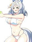  1girl animal_ears artist_name bare_arms bikini blush breasts brown_eyes cleavage commentary_request ear_covers grey_hair grey_tail highres hishi_miracle_(umamusume) horounendo horse_ears horse_girl horse_tail large_breasts navel open_mouth simple_background skindentation smile solo stomach swimsuit tail thighs umamusume water_gun white_background white_bikini 