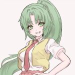  1girl green_eyes green_hair hand_on_own_hip higurashi_no_naku_koro_ni long_hair looking_at_viewer necktie pleated_skirt ponytail red_necktie red_skirt school_uniform shirt simple_background skirt smile solo sonozaki_mion tomorrow2311 upper_body vest white_background white_shirt yellow_vest 