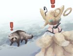  ! 1girl animal_ears arknights blonde_hair blue_bow bow choker commentary_request earpiece facing_away fox_ears fox_girl fox_tail from_behind hair_bow hair_rings hands_up highres infection_monitor_(arknights) kitsune kyuubi looking_at_another multiple_hair_bows multiple_tails naturally_detached_hair oudonium solo spaghetti_strap standing surprised suzuran_(arknights) tail tanuki upper_body white_background 