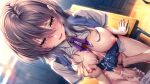  1boy 1girl amakano_3 blue_nails blurry blurry_background blush breasts breasts_out brown_eyes brown_hair censored classroom clothes_lift collared_shirt cum cum_on_body cum_on_breasts cum_on_clothes desk dutch_angle fingering fingernails from_above game_asset grabbing_another's_breast grey_hair groping hair_between_eyes handjob hetero highres indoors large_breasts long_hair looking_at_viewer lower_teeth_only mosaic_censoring nail_polish navel nipples on_desk open_clothes open_mouth open_shirt penis piromizu pleated_skirt pov pussy_juice ribbon school_desk school_uniform shirt short_sleeves sidelocks sitting skirt skirt_lift solo_focus sweat teeth underwear white_shirt yanagi_shion 