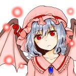  1girl bat_wings blue_hair brooch closed_mouth collared_shirt commentary_request danmaku frilled_shirt_collar frills hat hat_ribbon jewelry looking_at_viewer mangetsu_(yayoi) mob_cap pink_hat red_eyes remilia_scarlet ribbon shirt simple_background solo touhou upper_body white_background wings 
