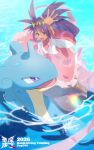  1girl arm_up commentary dark-skinned_female dark_skin demonqz7 dress english_text frilled_dress frills gold_tiara happy highres iris_(pokemon) lapras long_hair looking_at_another looking_at_viewer open_mouth outdoors pink_dress pink_ribbon pokemon pokemon_(creature) pokemon_black_2_and_white_2 purple_eyes purple_hair red_eyes ribbon riding riding_pokemon ripples swimming water waving wide_sleeves 