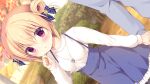 1boy 1girl blonde_hair blue_bow blue_skirt blurry blurry_background blush bow breasts double_bun dutch_angle frilled_skirt frills game_asset hair_between_eyes hair_bow hair_bun holding_hands hoshigaoka_ciel jewelry koi_ni_kanmi_o_soete long_sleeves miyasaka_miyu miyasaka_naco necklace out_of_frame outdoors parted_lips plaid_bow plaid_ribbon purple_eyes ribbon shirt skirt small_breasts solo_focus sweater white_shirt white_sweater 