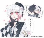  2girls bare_shoulders beret black_choker black_coat black_gloves black_hair black_hat black_kimono bow bukejie butterfly_hair_ornament checkered_sleeves chinese_text choker coat collared_coat commentary_request flower flower-trimmed_sleeves furisode gloves gradient_hair hair_flower hair_ornament hand_on_another's_face hat hat_flower hat_ribbon highres housho_margo japanese_clothes kimono lolita_fashion long_sleeves mahou_shoujo_no_majo_saiban mini_hat mini_top_hat multicolored_hair multiple_girls multiple_views neck_ribbon off_shoulder open_mouth pink_eyes pink_hair ribbon sakuraba_ema shirt short_hair simple_background sleeveless sleeveless_coat smile speech_bubble top_hat translation_request wa_lolita white_background white_flower white_hair white_ribbon white_shirt white_sleeves wide_sleeves x_hair_ornament 