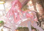  1girl absurdres bang_dream! bang_dream!_it's_mygo!!!!! blue_eyes bracelet chihaya_anon chinese_commentary closed_mouth commentary_request desk_lamp dress feet_out_of_frame finger_to_mouth folding_fan frilled_dress frilled_sleeves frills from_below hair_bun hairband hand_fan hanging_light highres holding holding_fan indoors jewelry lamp long_hair long_sleeves looking_at_viewer ns404 pink_dress pink_hair pink_sleeves sitting socks solo two-tone_sleeves white_hairband white_sleeves white_socks wide_sleeves window 
