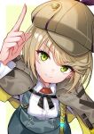  >:) 1girl blonde_hair blue_shorts border brown_capelet brown_hat capelet closed_mouth collared_shirt commentary cowboy_shot deerstalker detective dress_shirt dutch_angle eyelashes eyes_visible_through_hair fingernails foreshortening green_eyes hand_up hat head_tilt heaven_burns_red highres index_finger_raised irene_redmayne lips looking_at_viewer medium_hair outside_border rrtp shirt shorts simple_background smile smug solo split_mouth suspender_shorts suspenders swept_bangs tsurime v-shaped_eyebrows white_border white_shirt yellow_background 