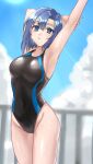  1girl absurdres alternate_costume armpits arms_up asymmetrical_bangs bare_arms black_one-piece_swimsuit blue_eyes blue_hair blue_one-piece_swimsuit blue_sky breasts catria_(fire_emblem) cloud cloudy_sky commentary competition_swimsuit covered_navel cowboy_shot day fire_emblem fire_emblem:_mystery_of_the_emblem fire_emblem:_shadow_dragon hazuki_(nyorosuke) headband highres holding_own_arms large_breasts light_rays looking_at_viewer one-piece_swimsuit outdoors parted_bangs parted_lips presenting_own_armpit railing short_hair sky solo standing stretching sunlight sweat swimsuit thighs two-tone_one-piece_swimsuit wet yellow_headband 