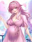  1girl alternate_costume alternate_hairstyle aqua_hair blue_hair braid breasts cleavage commentary commission cyrene_(demiurge)_(honkai:_star_rail) cyrene_(honkai:_star_rail) diamond-shaped_pupils diamond_(shape) dress english_commentary falling_petals gradient_hair hair_intakes hairband highres honkai:_star_rail honkai_(series) large_breasts long_hair looking_at_viewer multicolored_hair multiple_braids petals pink_dress pink_eyes pink_hair pregnant purple_hair smile solo symbol-shaped_pupils thenameti twitter_username very_long_braid very_long_hair white_hair white_hairband 
