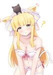  1girl ? absurdres animal_ears bemani blonde_hair bra breasts cat cat_ears cat_girl cat_tail cleavage commentary_request highres kougei_ciel_nana looking_at_viewer medium_breasts multicolored_eyes panties rainbow_eyes shi_cha simple_background solo sound_voltex tail underwear white_background white_bra white_panties 