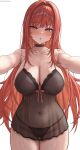  1girl babydoll bare_arms bare_shoulders black_babydoll black_choker black_nightgown black_panties breasts choker cleavage collarbone come_hither commentary_request dot_nose goddess_of_victory:_nikke groin highres kinoko_kun large_breasts lingerie long_hair looking_at_viewer navel nightgown official_alternate_costume outstretched_arms pajamas panties rapi_(nikke) rapi_(red_hood)_(cherished_red)_(nikke) rapi_(red_hood)_(nikke) reaching reaching_towards_viewer red_eyes red_hair see-through_clothes see-through_nightgown solo spaghetti_strap stomach underwear very_long_hair 
