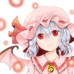  1girl bat_wings blue_hair brooch closed_mouth collared_shirt commentary_request danmaku frilled_shirt_collar frills hat hat_ribbon jewelry looking_at_viewer mangetsu_(yayoi) mob_cap pink_hat red_eyes remilia_scarlet ribbon shirt simple_background solo touhou upper_body white_background wings 