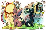  abstract_background back-to-back commentary crayonchewer creature creatures_(company) crescent_moon day_and_night english_commentary espeon flower full_body full_moon game_freak gen_2_pokemon grass moon nintendo no_humans pokemon pokemon_(creature) sitting sun umbreon 