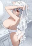  1girl :/ absurdres adjusting_hair armpits arms_behind_head arms_up ass azur_lane back bathroom blurry blurry_background breasts classic_(zildjian33) cleavage closed_mouth commentary_request dress faucet feet_out_of_frame from_side grey_hair hair_between_eyes highleg highleg_leotard highres indoors large_breasts leotard looking_at_viewer mirror official_alternate_costume official_alternate_hairstyle paid_reward_available red_eyes see-through_clothes see-through_veil short_hair sideboob sink sirius_(alba_sirius)_(azur_lane) sirius_(azur_lane) skindentation solo standing strapless strapless_leotard thighs veil white_leotard 