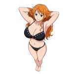  1girl absurdres arceromx armpits arms_behind_head arms_up bare_legs bare_shoulders barefoot black_bra black_panties bra breasts brown_eyes cleavage closed_mouth collarbone commentary feet full_body hands_in_own_hair highres large_breasts long_hair looking_at_viewer nami_(one_piece) navel one_piece orange_hair panties single_sidelock smile solo standing stomach underwear wavy_hair white_background 
