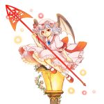  1girl back_bow bat_wings blue_hair bow brooch closed_mouth commentary_request danmaku flower full_body hat hat_ribbon jewelry looking_at_viewer mangetsu_(yayoi) mob_cap pink_hat pink_shirt pink_skirt red_bow red_eyes red_shoes remilia_scarlet ribbon shirt shoes simple_background sitting skirt skirt_set smile socks solo touhou white_background white_socks wings yellow_flower 