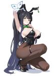  1girl absurdres alternate_costume animal_ear_fluff animal_ear_hairband animal_ears armpits bare_shoulders black_hair black_leotard black_shoes blue_archive blue_halo blush bow breasts brown_pantyhose cawl commentary detached_collar english_commentary fake_animal_ears finger_to_mouth green_bow green_eyes hairband halo high_heels highres large_breasts leotard long_hair looking_at_viewer on_one_knee pantyhose parted_lips playboy_bunny rabbit_ear_hairband rabbit_ears shoes shun_(blue_archive) smile solo strapless strapless_leotard very_long_hair 