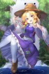  1girl absurdres animal_print blonde_hair brown_hat brown_shoes commentary eye_on_hat frilled_skirt frills frog_print hair_ribbon hat highres loafers looking_at_viewer moriya_suwako open_mouth outdoors pond print_skirt purple_skirt purple_vest red_ribbon ribbon ribbon-trimmed_sleeves ribbon_trim shimohuri_(novazz221) shirt shoes sidelocks skirt solo thighhighs touhou vest water waterfall white_shirt white_thighhighs yellow_eyes 