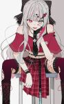  1girl absurdres belly boots bow commentary_request grey_eyes heterochromia highres ishigami_nozomi ishigami_nozomi_(1st_costume) kohaku1422ame long_hair looking_at_viewer multicolored_hair nijisanji off-shoulder_shirt off_shoulder open_mouth pink_streaks pleated_skirt polka_dot polka_dot_bow red_skirt red_thighhighs shirt sitting skirt smile solo spread_legs streaked_hair thighhighs torn_clothes torn_thighhighs virtual_youtuber white_background 