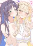  2girls black_hair blonde_hair blue_hair bra brown_eyes cho_kaguya-hime! colored_inner_hair commentary crop_top green_eyes hair_ornament heart highres kaguya_(cho_kaguya-hime!) kaguya_(ray)_(cho_kaguya-hime!) long_hair megumi_kei multicolored_hair multiple_girls open_mouth outline pink_outline sakayori_iroha sakayori_iroha_(ray) sun_hair_ornament underwear upper_body white_bra yuri 