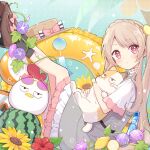  1girl :o animal ball beachball bird black_socks blush bottle bow braid brown_hat brown_shoes cat commentary_request crown_braid dress flower food frilled_dress frills from_side fruit hair_ornament hat hazuki_natsu holding holding_animal innertube lemon lemon_slice loafers long_hair looking_at_viewer morning_glory original parted_lips pink_eyes purple_flower ramune red_eyes red_flower seashell shell shirt shoes short_sleeves sleeveless sleeveless_dress socks solo starfish straw_hat sunflower sunglasses swim_ring twintails very_long_hair watermelon watermelon_slice white_shirt wind_chime yellow_flower 