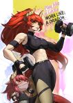  1girl absurdres alternate_hairstyle black_gloves black_nails black_shirt black_shorts breasts commentary dragon_girl dragon_horns dragon_tail dumbbell eezee_dee english_commentary fingerless_gloves gecko_zen gloves highres holding holding_dumbbell horns indie_virtual_youtuber large_breasts long_hair looking_at_viewer nail_polish ponytail red_hair shirt shorts solo tail virtual_youtuber zentreya zentreya_(dragon) zentreya_(dragon)_(workout) 