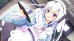  1girl :d apron blush dutch_angle game_asset holding indoors japanese_clothes kimono koi_ni_kanmi_o_soete long_hair maid maid_headdress miyasaka_miyu miyasaka_naco open_mouth purple_eyes ribbon shionomiya_richer skirt smile solo tray very_long_hair wa_maid white_hair 
