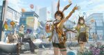 absurdres alternate_costume amiya_(arknights) animal_ears arknights balloon bird black_hair black_shorts blue_eyes blue_sky brown_hair building cat_ears cat_girl chinese_commentary choshanland_plushy_(arknights) city cityscape colored_inner_hair commentary_request food green_eyes green_hair grey_hair gwsscz hair_between_eyes heart_balloon highres holding holding_food holding_ice_cream ice_cream jacket jewelry kal'tsit_(arknights) long_hair looking_at_viewer mon3tr_(arknights) multicolored_hair multiple_rings open_mouth rabbit_ears rabbit_girl ring ring_on_every_finger shirt short_hair shorts sitting sky skyscraper thumb_ring white_shirt yellow_jacket 