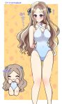  1girl asakaze_(kancolle) blue_eyes blush bow breasts brown_hair casual_one-piece_swimsuit commentary_request hair_bow hair_ribbon highres kantai_collection long_hair medium_breasts mini_person minigirl multiple_views one-piece_swimsuit poyo_(hakoniwa_waltz) ribbon smile swimsuit twitter_username wavy_hair white_one-piece_swimsuit yellow_background 