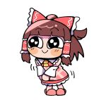  1girl apron bad_id bad_nicoseiga_id black_eyes blunt_bangs blush bow brown_hair chibi commentary cookie_(touhou) cult_of_the_lamb detached_sleeves dress frilled_bow frilled_dress frills full_body hair_bow hair_tubes hakurei_reimu heart heart-shaped_pupils medium_hair necktie own_hands_together parody pink_slippers red_bow red_dress rurima_(cookie) sidelocks simple_background sleeveless slippers smile sn_(zigzagspark6) solo squirming standing style_parody symbol-shaped_pupils touhou transparent_background yellow_necktie 