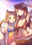  2girls :d :o absurdres all_fours alternate_costume animal_ear_fluff animal_ears arm_up armpits beach beach_umbrella bikini blue_bikini blunt_bangs blurry blush breasts brown_hair cleavage collarbone commentary commission cowboy_shot curtained_hair curvy depth_of_field dog_ears dog_girl dog_tail double-parted_bangs dutch_angle english_commentary frilled_bikini frills hair_between_eyes hair_tubes highres large_bag long_hair looking_at_viewer medium_breasts medium_hair messy_hair metal_hair_tubes multiple_girls navel ocean okonogirui open_mouth orange_hair raccoon_ears raccoon_girl raccoon_tail raphtalia red_bikini red_eyes second-party_source shiny_skin sitting skeb_commission smile stomach straight_hair swimsuit tail tanuki tate_no_yuusha_no_nariagari teeth thick_thighs thigh_gap thighs umbrella upper_teeth_only wide_hips wyndia_(tate_no_yuusha_no_nariagari) yellow_eyes 