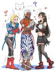  ... 3girls ? animal baby_animal black_hair black_pants black_skirt black_thighhighs blonde_hair blue_jacket breasts cammy_white cat closed_eyes commentary_request dark-skinned_female dark_skin elena_(street_fighter) final_fantasy final_fantasy_vii final_fantasy_vii_remake flying_sweatdrops full_body heart highres holding holding_animal jacket mrg2by multiple_girls pants profile red_eyes red_shoes sandals scar scar_on_face shoes short_hair skirt smile speech_bubble spoken_ellipsis spoken_question_mark standing street_fighter street_fighter_6 tank_top thighhighs tifa_lockhart tiger white_hair white_pants white_tank_top white_tiger 