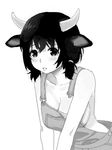  animal_ears black_eyes black_hair breasts cleavage cow_ears cow_horns greyscale horns large_breasts mattaku_mousuke monochrome naked_overalls original overalls short_hair short_twintails sideboob solo twintails unfastened v_arms 