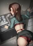  1girl absurdres bent_over blush bra brown_hair clothes_lift cum cum_on_body cum_on_clothes cup green_sweater highres long_hair looking_back mug murabito_c office_lady original panties red_bra red_panties red_rope rope shibari shibari_under_clothes sink skirt skirt_lift sweater underwear 